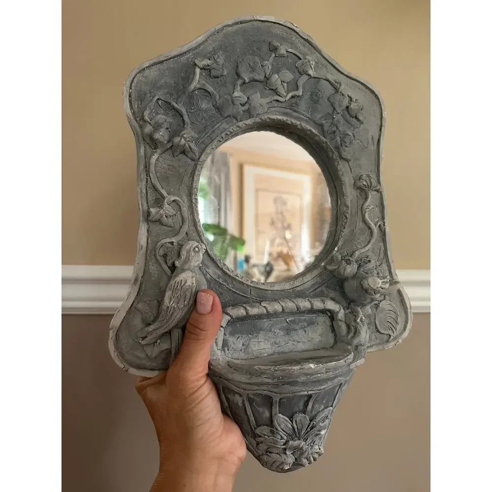Vintage Pottery Mirror wall hanging hand made birds distressed heavy gray decor